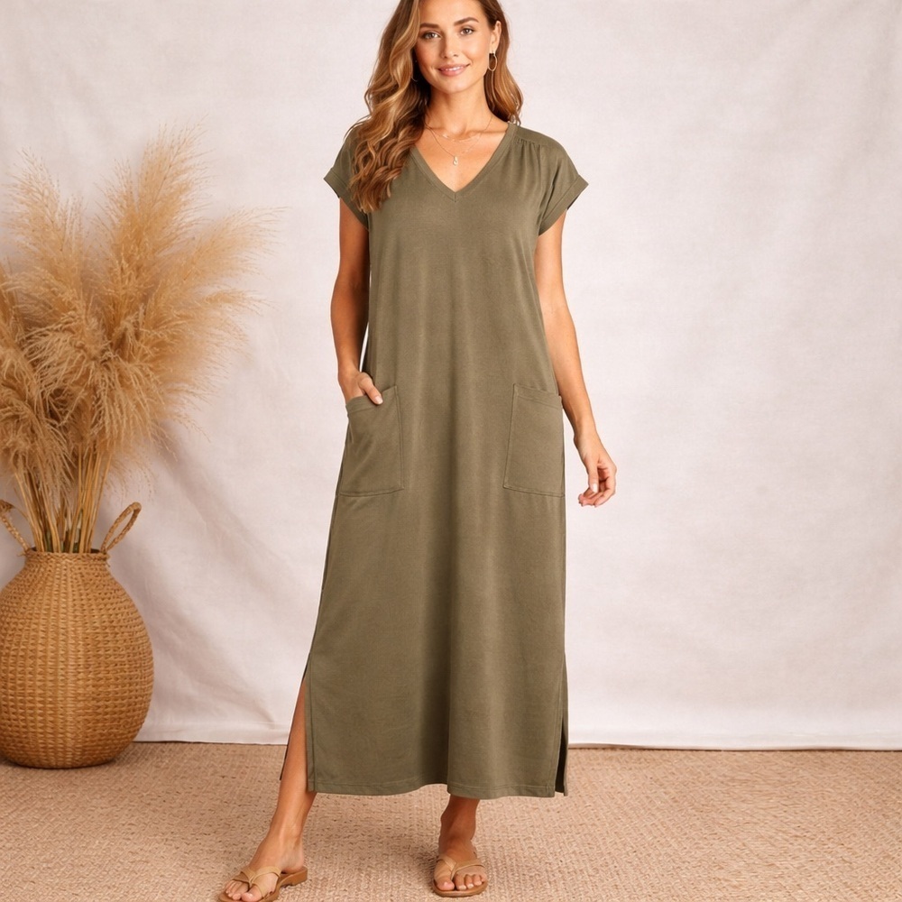 Lou & Grey Olive Green V-Neck Dress Size Medium
